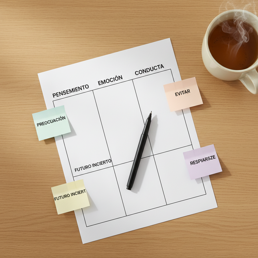 A detailed view of a structured cognitive-behavioral therapy worksheet laid flat on a smooth oak table, the form divided into clear sections labeled "pensamiento", "emoción", and "conducta" in crisp, dark typography. A fine-tip black pen rests diagonally across the worksheet, and pastel-colored sticky notes with brief, legible keywords are placed neatly along the edges. A ceramic mug of herbal tea sits nearby, with faint steam rising. Soft, overcast daylight from the left creates even, diffused illumination, minimizing harsh shadows and conveying a calm, analytical mood. Photographed from a top-down, bird’s-eye view with sharp focus throughout, the composition is balanced and uncluttered, reflecting a professional, organized, and evidence-based approach to psychological support in a realistic photographic style.