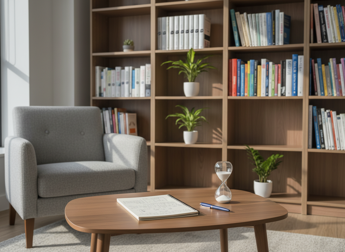 A neatly arranged psychologist’s consulting room without any people, featuring a contemporary light-gray fabric armchair facing a simple wooden coffee table with rounded corners. On the table rests an open notebook with neatly written notes, a navy-blue pen, and a small sand timer. Behind, a tall bookshelf displays organized psychology books and a few minimalist potted plants. Soft morning daylight enters through a large unseen window, creating gentle, natural highlights and soft shadows, emphasizing a calm, professional atmosphere. Photographed at eye level with a moderate depth of field, the foreground objects are crisp while the background is slightly blurred. The photographic realism and clean, modern aesthetic convey trust, clarity, and emotional safety for mental health support.