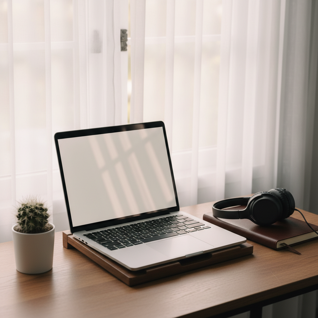 A close-up of a tidy wooden desk set up for online psychological orientation, with an open silver laptop displaying a blank, softly glowing screen, a closed leather-bound notebook, and a pair of noise-canceling headphones resting beside it. A small cactus in a white ceramic pot adds a touch of life near the laptop. The desk sits near a large window with sheer white curtains, allowing diffused afternoon light to bathe the scene in a gentle glow, creating subtle reflections on the laptop surface. The mood is focused yet reassuring, emphasizing privacy and professionalism. Captured from a slightly elevated angle with shallow depth of field, the laptop and notebook are in sharp focus, while the background fades into a soft bokeh, reinforcing a clean, modern, photographic style suitable for a cognitive-behavioral therapy website.