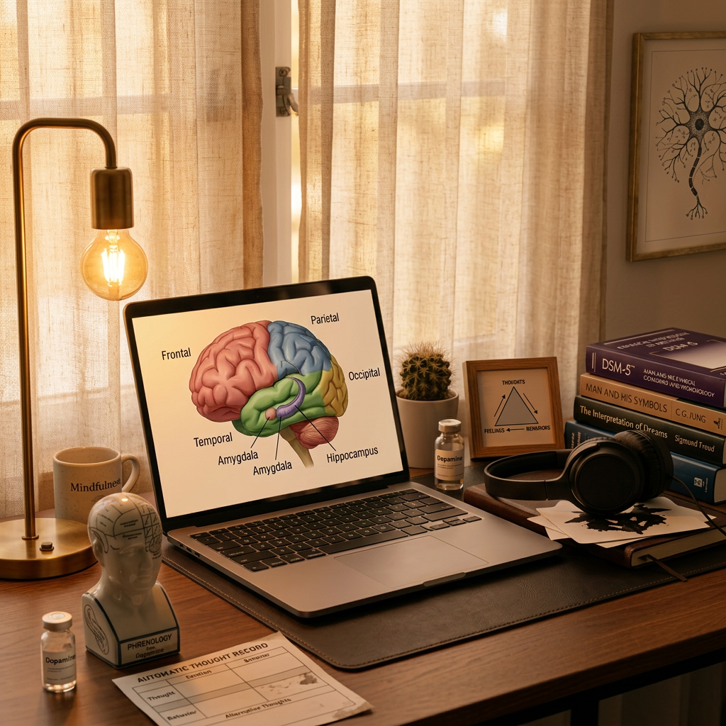 A close-up of a tidy wooden desk set up for online psychological orientation, with an open silver laptop displaying a blank, softly glowing screen, a closed leather-bound notebook, and a pair of noise-canceling headphones resting beside it. A small cactus in a white ceramic pot adds a touch of life near the laptop. The desk sits near a large window with sheer white curtains, allowing diffused afternoon light to bathe the scene in a gentle glow, creating subtle reflections on the laptop surface. The mood is focused yet reassuring, emphasizing privacy and professionalism. Captured from a slightly elevated angle with shallow depth of field, the laptop and notebook are in sharp focus, while the background fades into a soft bokeh, reinforcing a clean, modern, photographic style suitable for a cognitive-behavioral therapy website.