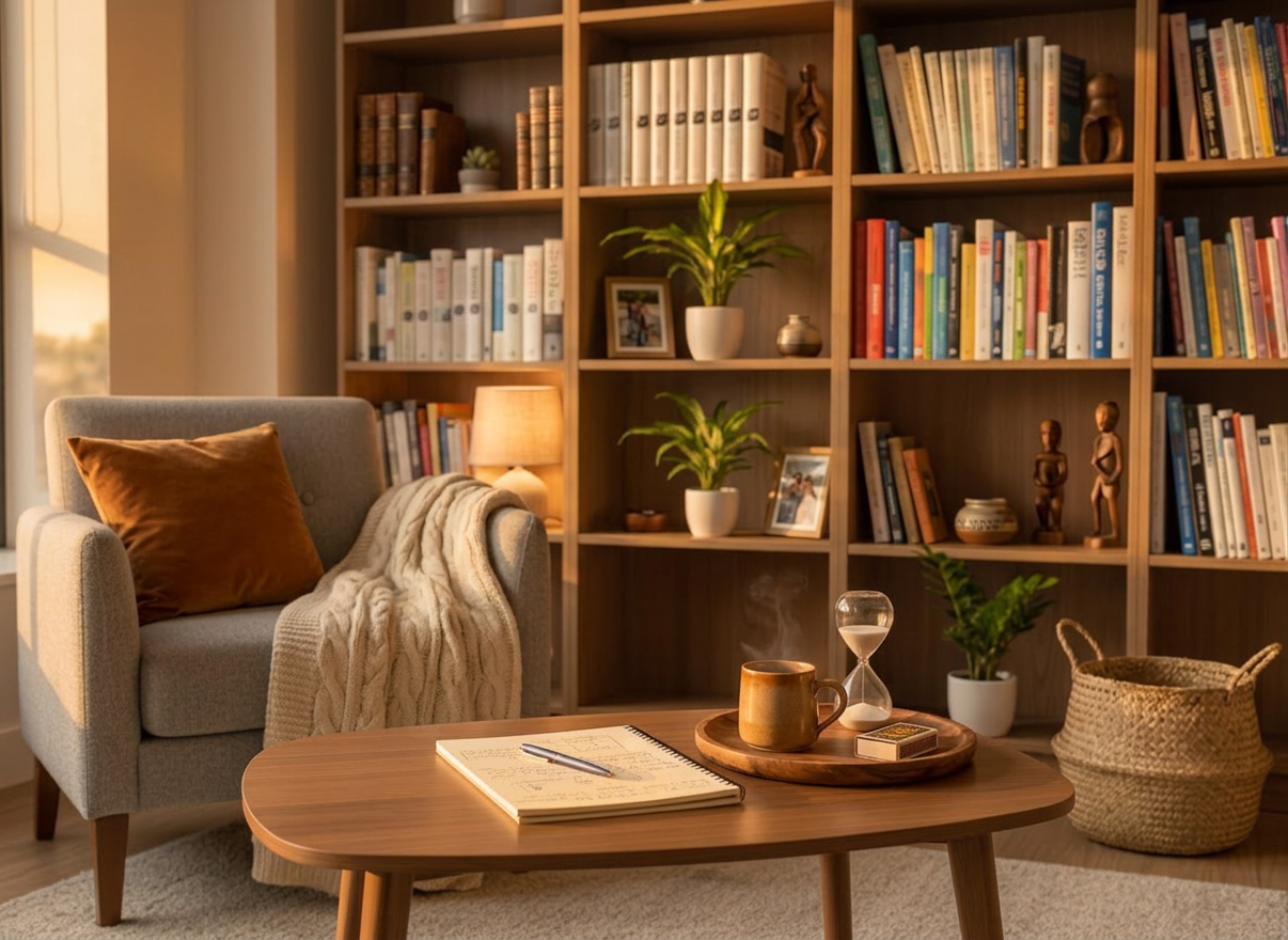 A neatly arranged psychologist’s consulting room without any people, featuring a contemporary light-gray fabric armchair facing a simple wooden coffee table with rounded corners. On the table rests an open notebook with neatly written notes, a navy-blue pen, and a small sand timer. Behind, a tall bookshelf displays organized psychology books and a few minimalist potted plants. Soft morning daylight enters through a large unseen window, creating gentle, natural highlights and soft shadows, emphasizing a calm, professional atmosphere. Photographed at eye level with a moderate depth of field, the foreground objects are crisp while the background is slightly blurred. The photographic realism and clean, modern aesthetic convey trust, clarity, and emotional safety for mental health support.